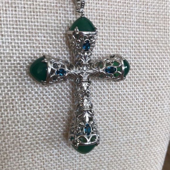 Ornate Sterling Cross Necklace with Green Onyx - Picture 2 of 5